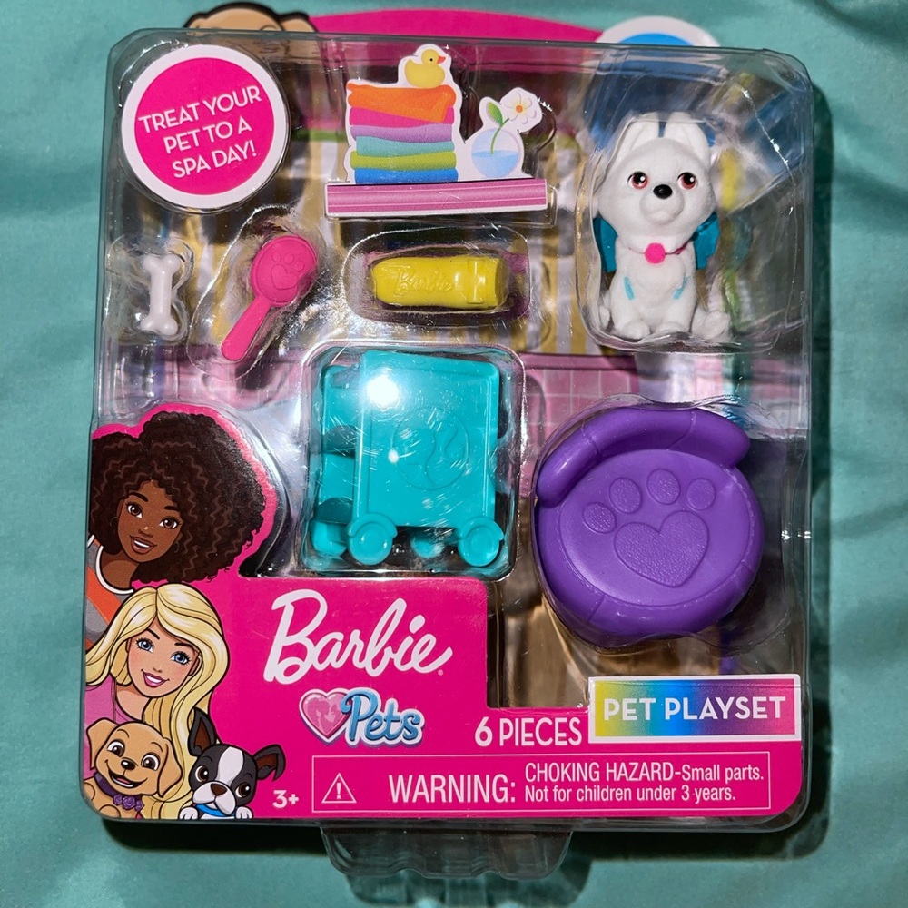 Barbie Pets 6 Piece Pet Play Set White Puppy Unisex Child Kid Play Pet Spa Day